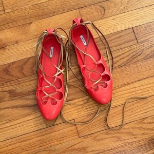 Miu Miu Red Leather Lace-Up Ballet Flats with Tan Wrap Ties